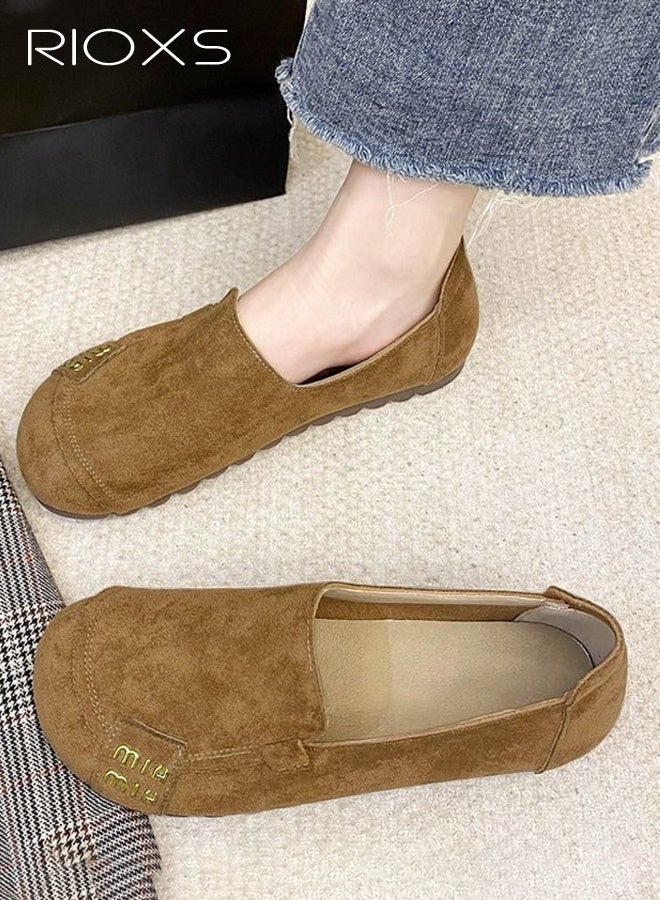 ريوكس حذاء نسائي مريح بدون أربطة، حذاء مسطح كاجوال من الجلد المدبوغ برقبة مستديرة، حذاء منخفض برقبة سميكة ونعل مطاطي، تصميم بسيط متعدد الطبقات بلون موحد، قطعة أساسية متعددة الاستخدامات، مريح للارتداء اليومي، كاكي - Image 3